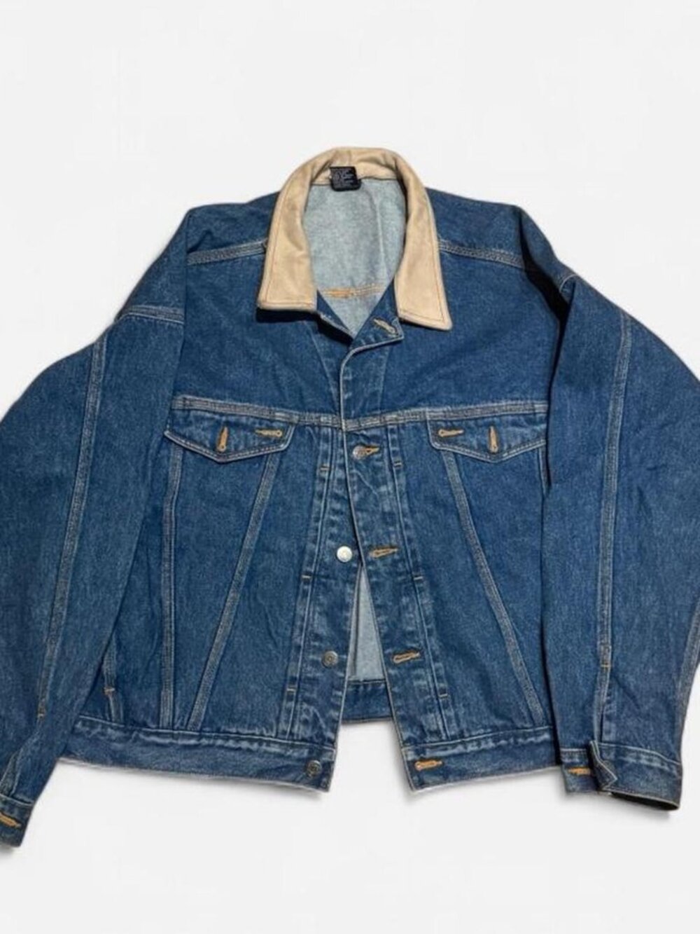 Vintage 90s GAP Denim Jacket, leather collar, XL
